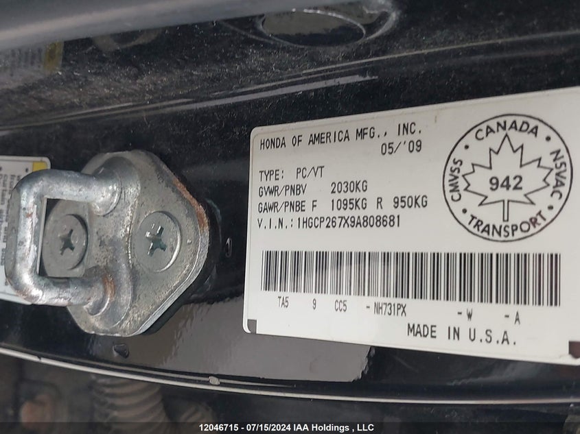 2009 Honda Accord Sedan VIN: 1HGCP267X9A808681 Lot: 12046715
