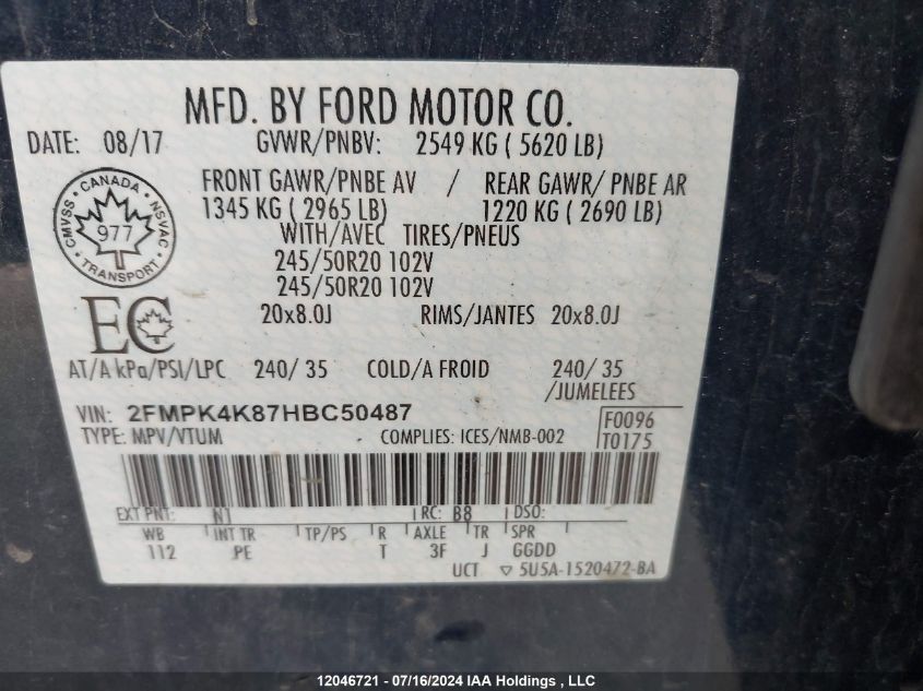 2017 Ford Edge VIN: 2FMPK4K87HBC50487 Lot: 12046721