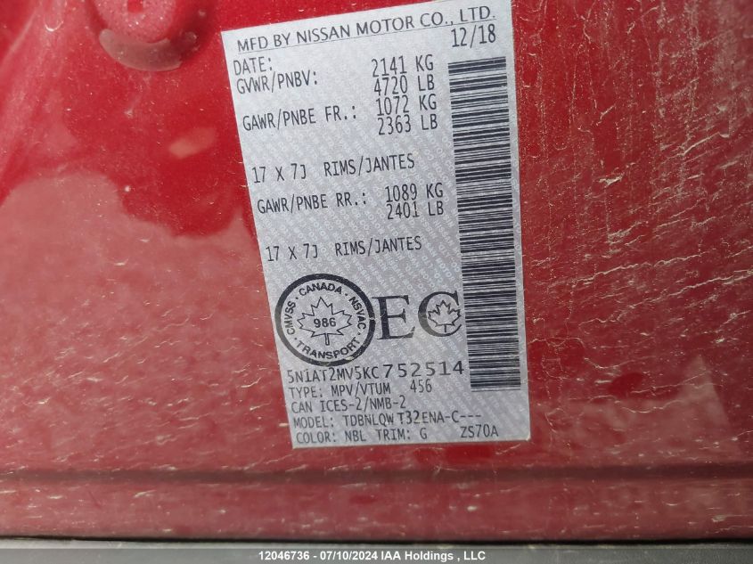 2019 Nissan Rogue VIN: 5N1AT2MV5KC752514 Lot: 12046736