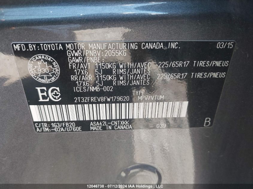 2015 Toyota Rav4 Le VIN: 2T3ZFREV8FW179620 Lot: 12046738