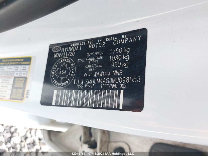 2021 Hyundai Elantra Essential Manual VIN: KMHLM4AG3MU098553 Lot: 12046758