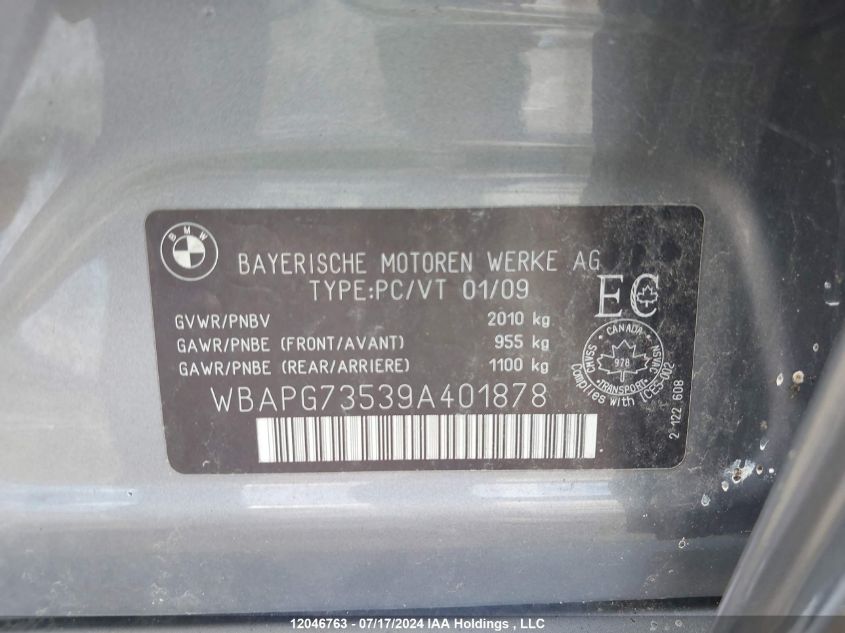 2009 BMW 3 Series VIN: WBAPG73539A401878 Lot: 12046763