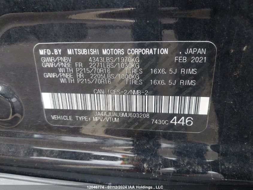 2021 Mitsubishi Rvr VIN: JA4AJUAU9MU603208 Lot: 12046774