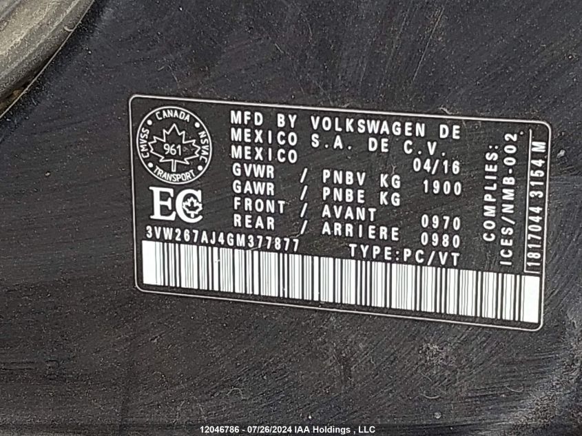 2016 Volkswagen Jetta Sedan VIN: 3VW267AJ4GM377877 Lot: 12046786