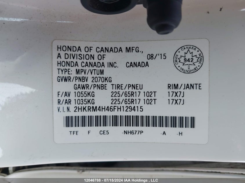 2015 Honda Cr-V VIN: 2HKRM4H46FH129415 Lot: 12046788