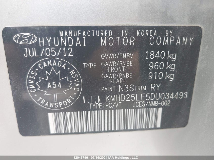 2013 Hyundai Elantra Gt VIN: KMHD25LE5DU034493 Lot: 12046790