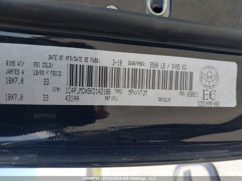 2019 Jeep Cherokee Limited VIN: 1C4PJMDX5KD142186 Lot: 12046792