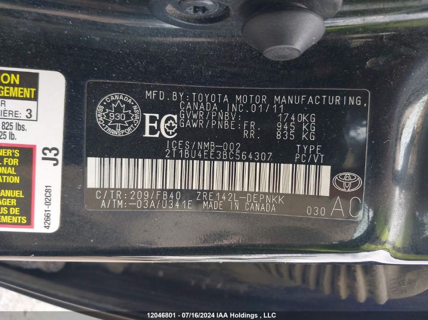 2011 Toyota Corolla VIN: 2T1BU4EE3BC564307 Lot: 12046801