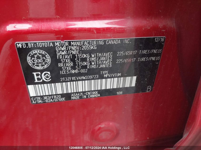 2017 Toyota Rav4 VIN: 2T3ZFREV4HW339723 Lot: 12046805