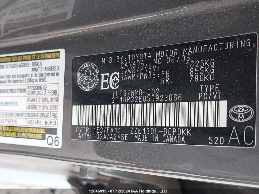 2005 Toyota Corolla VIN: 2T1BR32E05C923066 Lot: 12046819