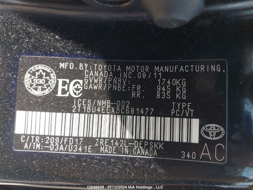 2011 Toyota Corolla S VIN: 2T1BU4EEXBC681477 Lot: 12046849