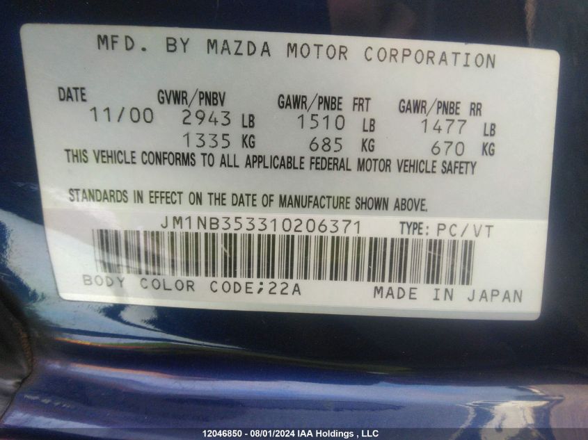 2001 Mazda Miata VIN: JM1NB353310206371 Lot: 12046850