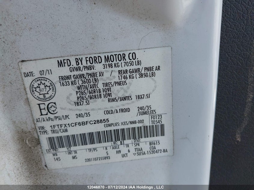 2011 Ford F-150 VIN: 1FTFX1CF6BFC28855 Lot: 12046870