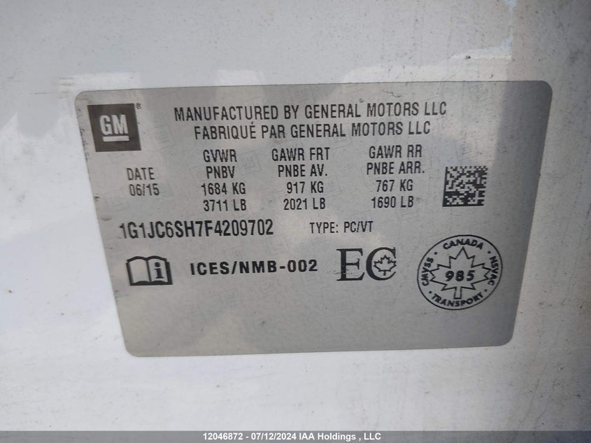 2015 Chevrolet Sonic VIN: 1G1JC6SH7F4209702 Lot: 12046872