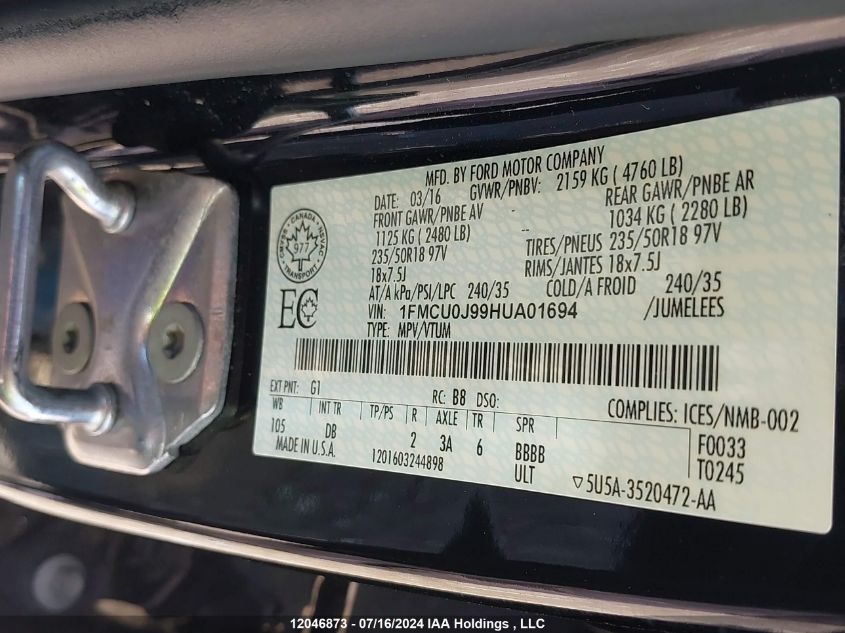 2017 Ford Escape Titanium VIN: 1FMCU0J99HUA01694 Lot: 12046873