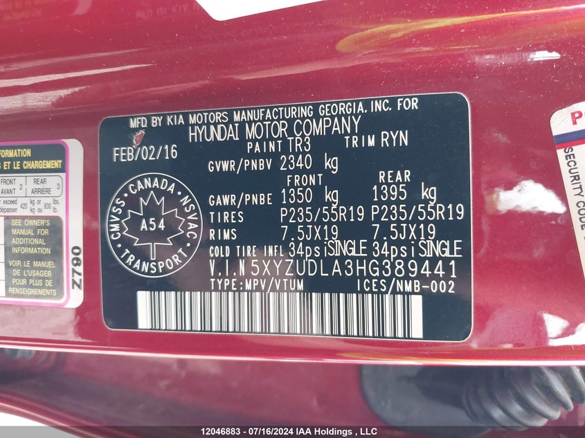 2017 Hyundai Santa Fe Sport VIN: 5XYZUDLA3HG389441 Lot: 12046883