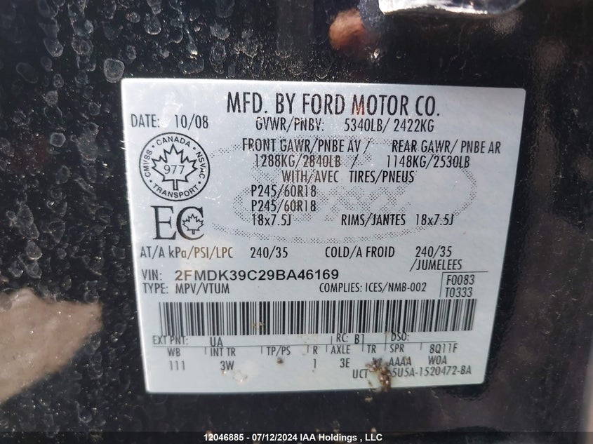 2009 Ford Edge VIN: 2FMDK39C29BA46169 Lot: 12046885