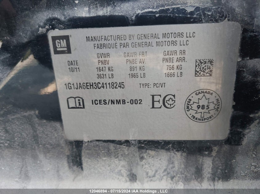 2012 Chevrolet Sonic VIN: 1G1JA6EH3C4118245 Lot: 12046894