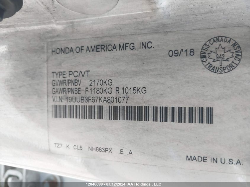 2019 Acura Tlx VIN: 19UUB3F67KA801077 Lot: 12046899