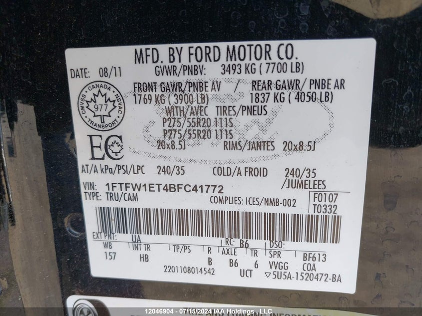 2011 Ford F-150 Lariat VIN: 1FTFW1ET4BFC41772 Lot: 12046904