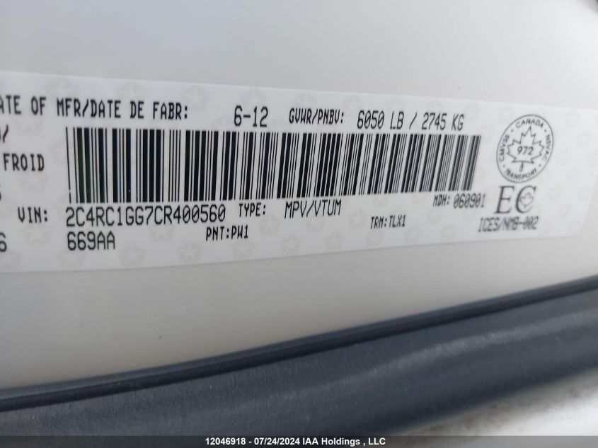 2012 Chrysler Town & Country Limited VIN: 2C4RC1GG7CR400560 Lot: 12046918