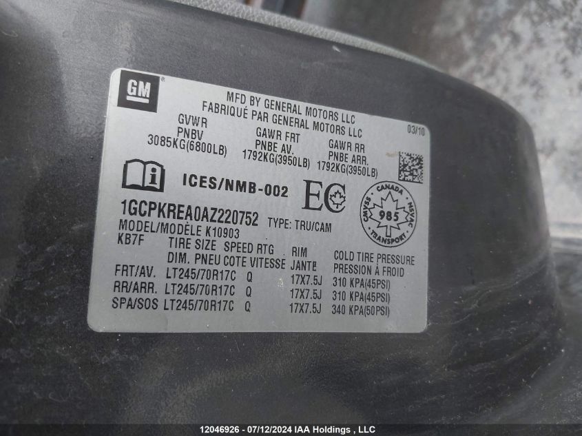 2010 Chevrolet Silverado 1500 VIN: 1GCPKREA0AZ220752 Lot: 12046926