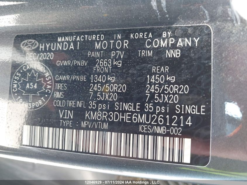 2021 Hyundai Palisade Sel VIN: KM8R3DHE6MU261214 Lot: 12046929