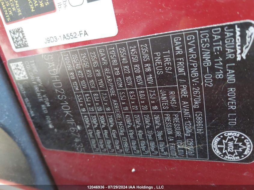 2019 Jaguar I-Pace VIN: SADHD2S10K1F67435 Lot: 12046936