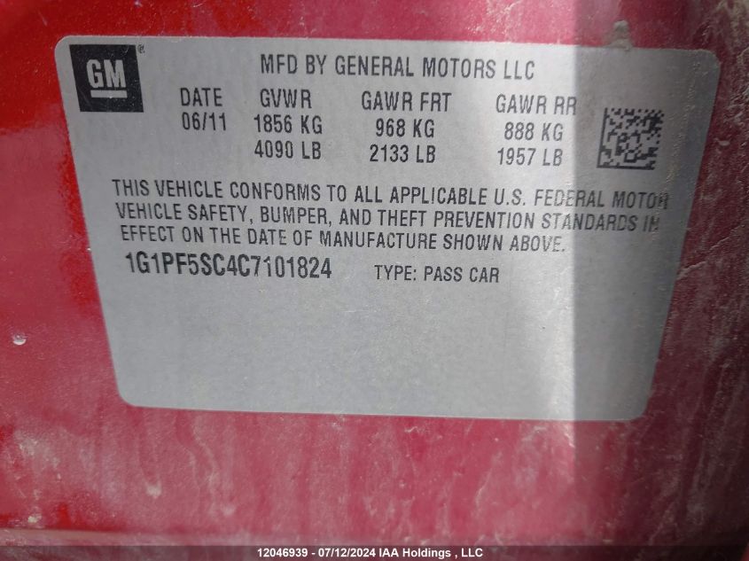 2012 Chevrolet Cruze Lt VIN: 1G1PF5SC4C7101824 Lot: 12046939