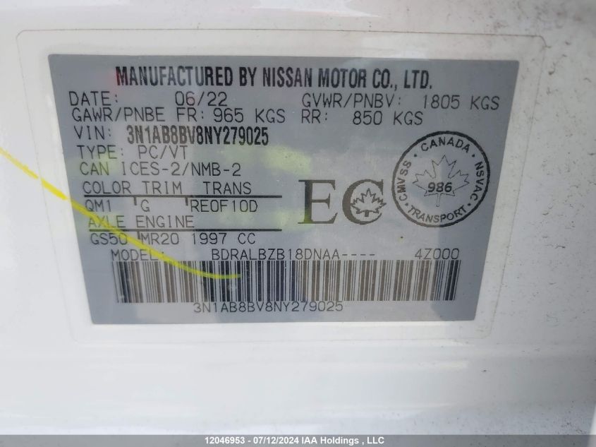 2022 Nissan Sentra VIN: 3N1AB8BV8NY279025 Lot: 12046953