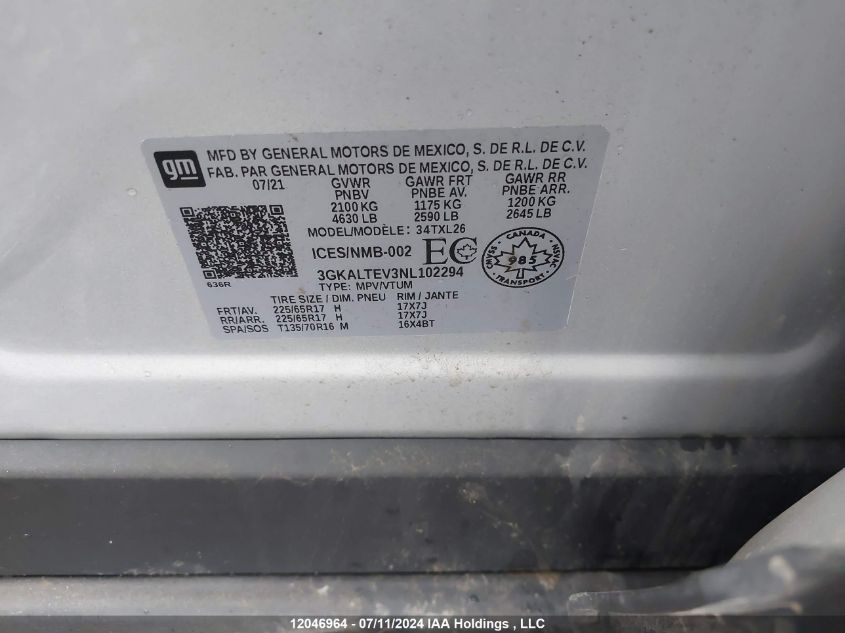 2022 GMC Terrain Sle VIN: 3GKALTEV3NL102294 Lot: 12046964