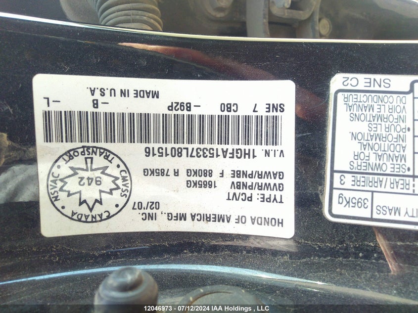 2007 Honda Civic Sdn VIN: 1HGFA15337L801516 Lot: 12046973