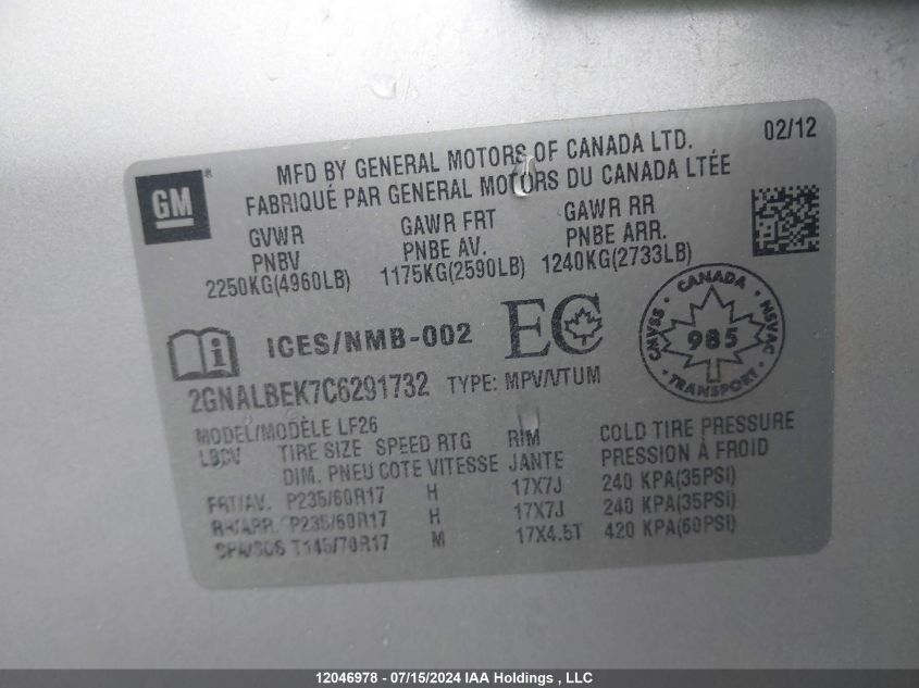 2012 Chevrolet Equinox VIN: 2GNALBEK7C6291732 Lot: 12046978