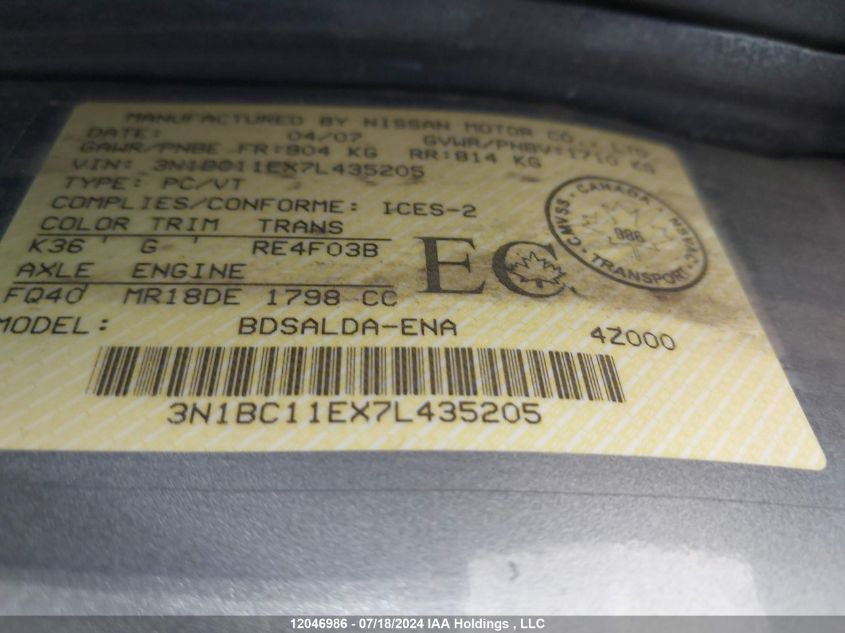 2007 Nissan Versa S/Sl VIN: 3N1BC11EX7L435205 Lot: 12046986