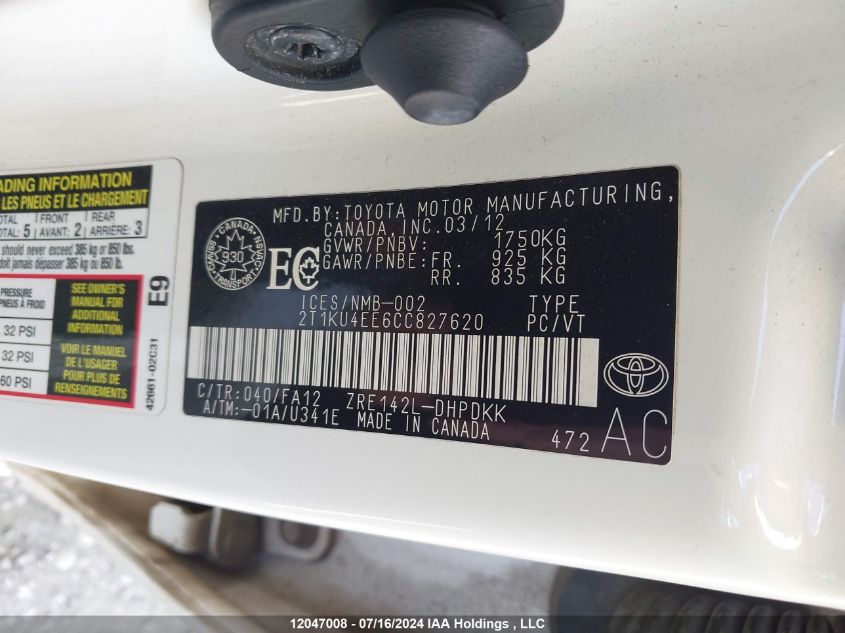 2012 Toyota Matrix Wagon VIN: 2T1KU4EE6CC827620 Lot: 12047008