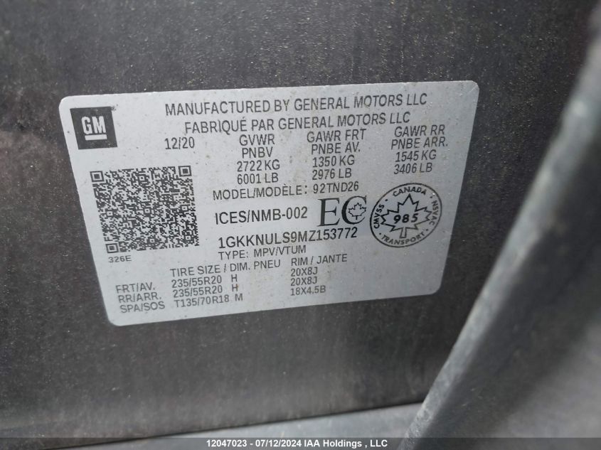 2021 GMC Acadia VIN: 1GKKNULS9MZ153772 Lot: 12047023