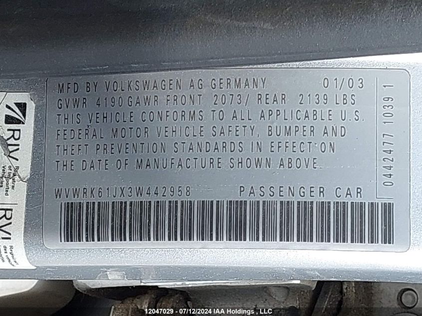 2003 Volkswagen Jetta Gl VIN: WVWRK61JX3W442958 Lot: 12047029