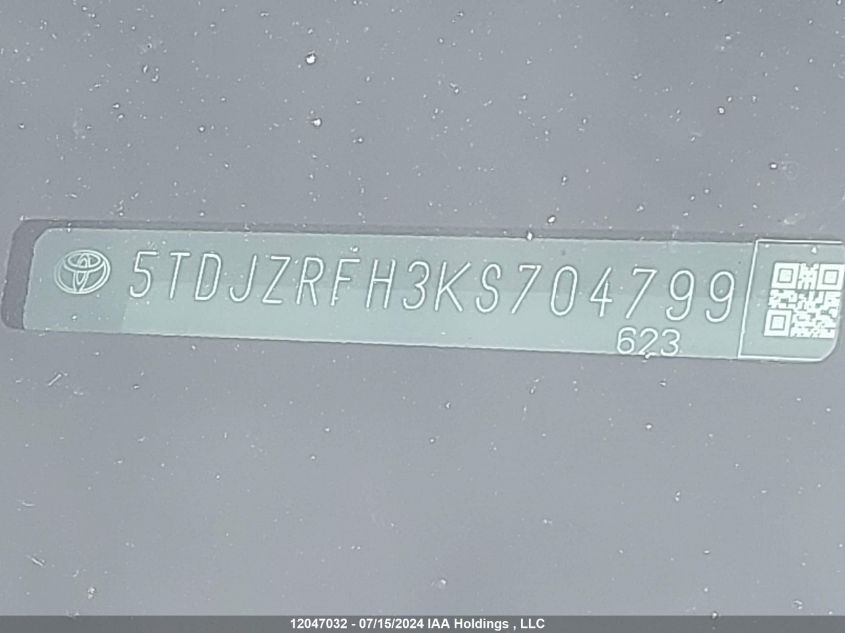 2019 Toyota Highlander Xle VIN: 5TDJZRFH3KS704799 Lot: 12047032