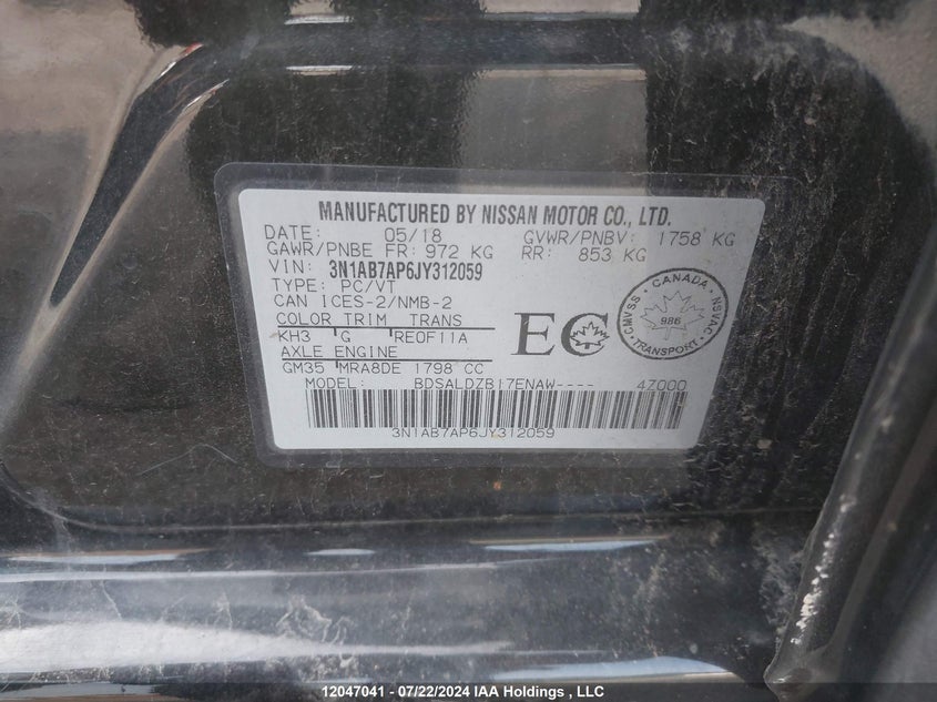 2018 Nissan Sentra VIN: 3N1AB7AP6JY312059 Lot: 12047041