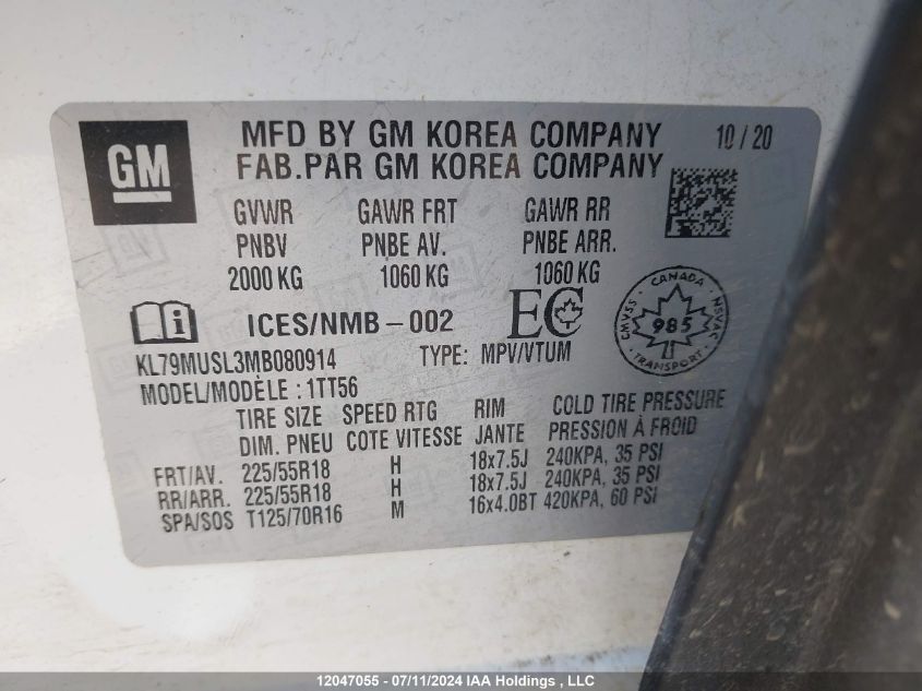 2021 Chevrolet Trailblazer VIN: KL79MUSL3MB080914 Lot: 12047055