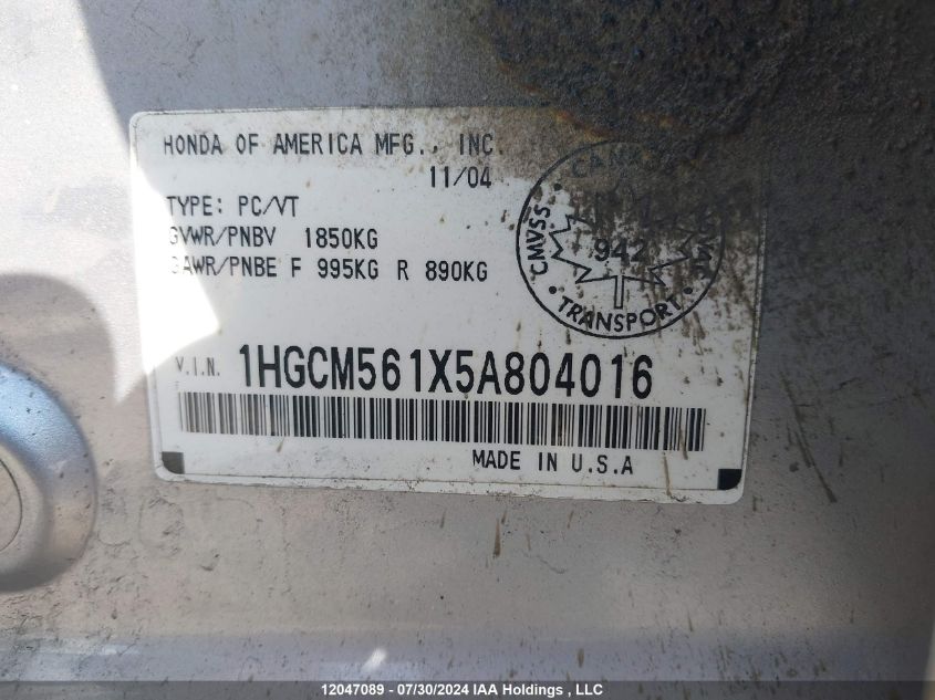 2005 Honda Accord Sdn VIN: 1HGCM561X5A804016 Lot: 12047089