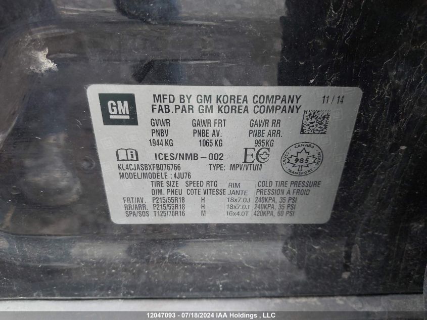 2015 Buick Encore VIN: KL4CJASBXFB076766 Lot: 12047093