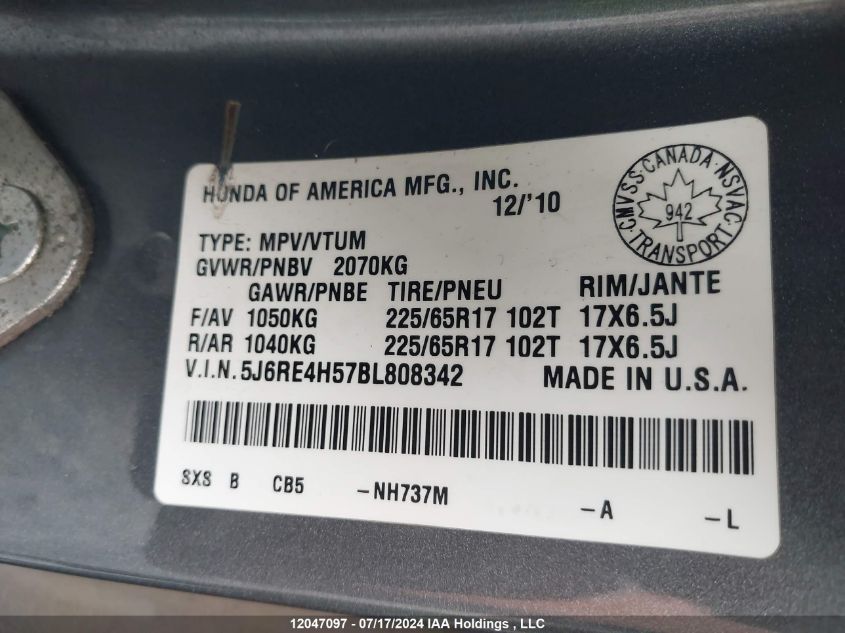 2011 Honda Cr-V VIN: 5J6RE4H57BL808342 Lot: 12047097