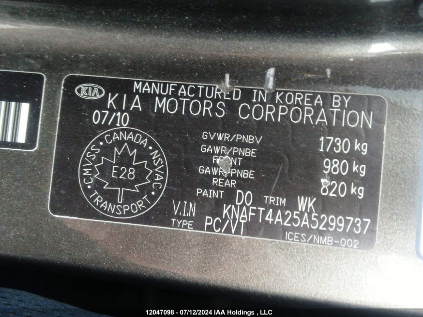 2010 Kia Forte VIN: KNAFT4A25A5299737 Lot: 12047098