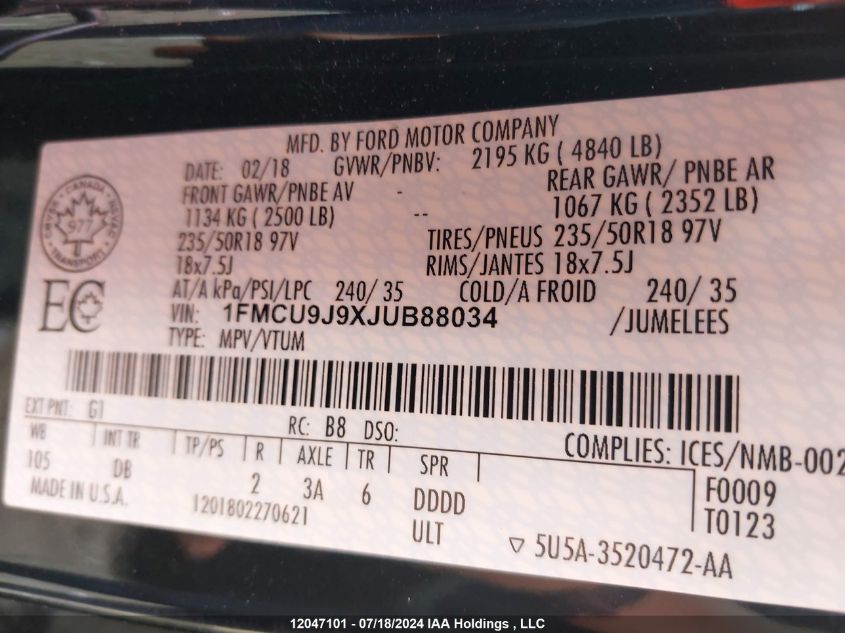 2018 Ford Escape Titanium VIN: 1FMCU9J9XJUB88034 Lot: 12047101