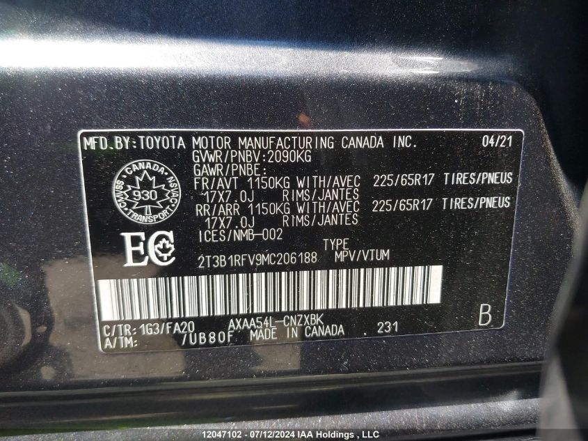 2021 Toyota Rav4 Le VIN: 2T3B1RFV9MC206188 Lot: 12047102