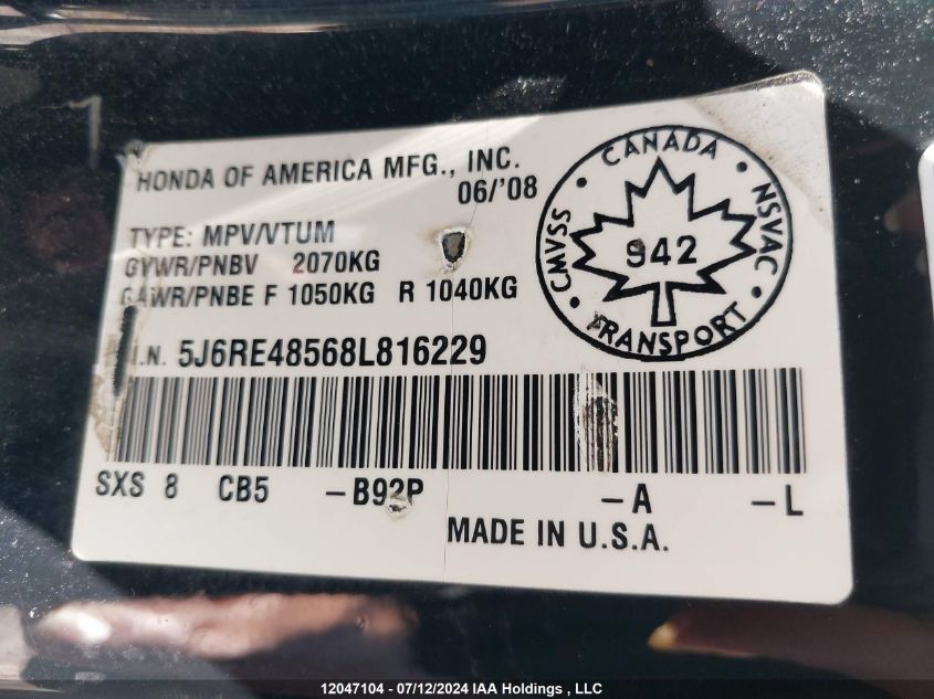 2008 Honda Cr-V VIN: 5J6RE48568L816229 Lot: 12047104