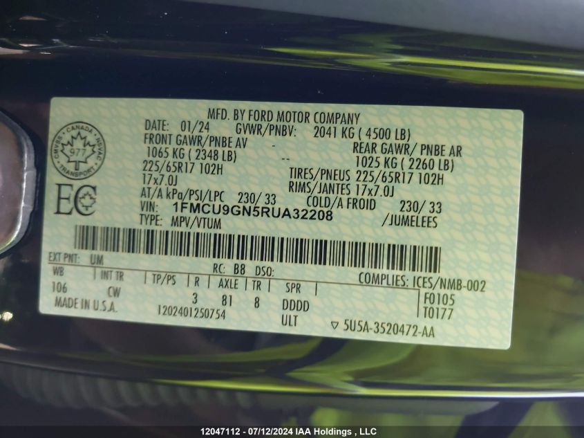 2024 Ford Escape Active VIN: 1FMCU9GN5RUA32208 Lot: 12047112