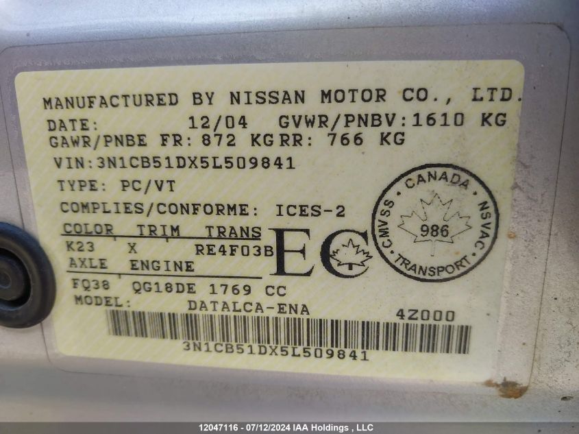 2005 Nissan Sentra VIN: 3N1CB51DX5L509841 Lot: 12047116