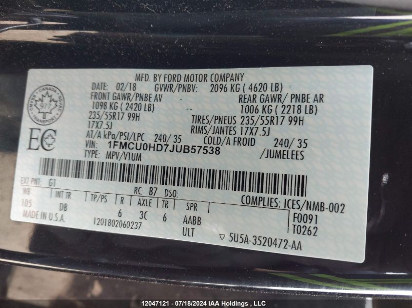 2018 Ford Escape Sel VIN: 1FMCU0HD7JUB57538 Lot: 12047121